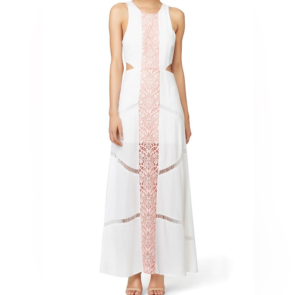 Lovers + Friends White Maxi Dress with Blush Lace Center